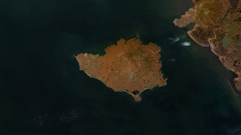 Overhead view of Nunivak Island sitting in Bering Sea