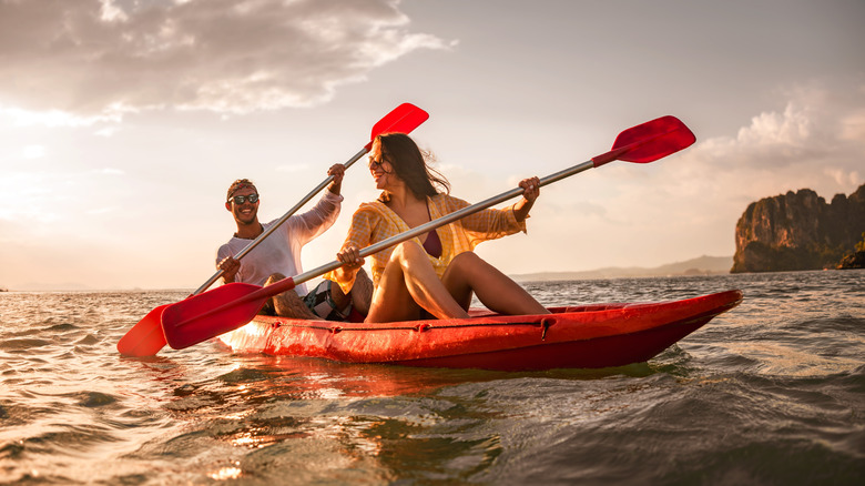 Two people kayaking near the coast of an island