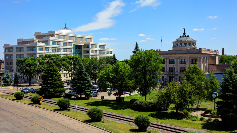 View of Grand Forks, North Dakota, buildings on a sunny day