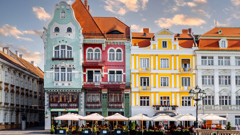 A line of colorful houses in Timisoara