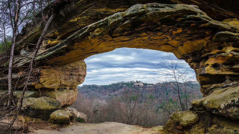 View of Auxier Ridge in Red River Gorge geological area in Kentucky framed by Double Arch