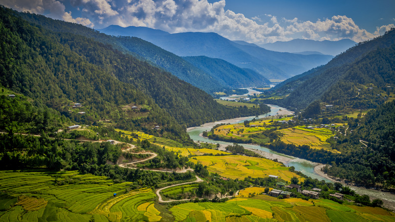 Aerial view of the Punakha valley and Mo Chu River
