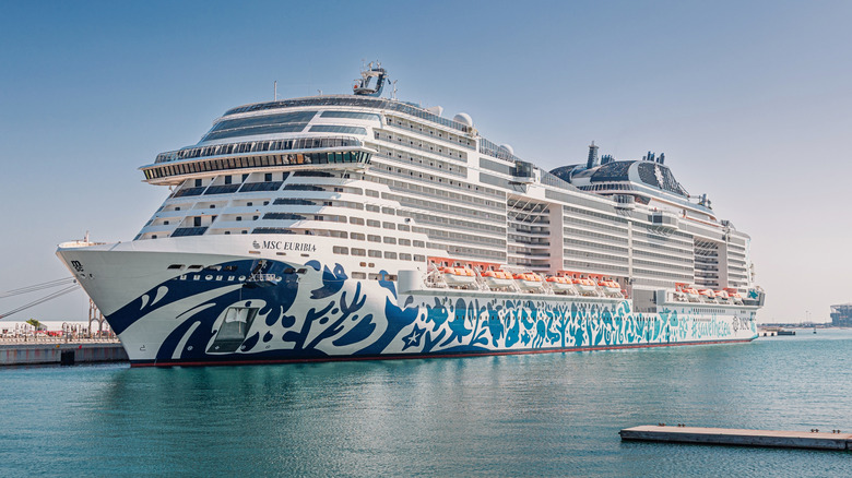 A brightly painted MSC Euribia cruise ship is docked in a harbor