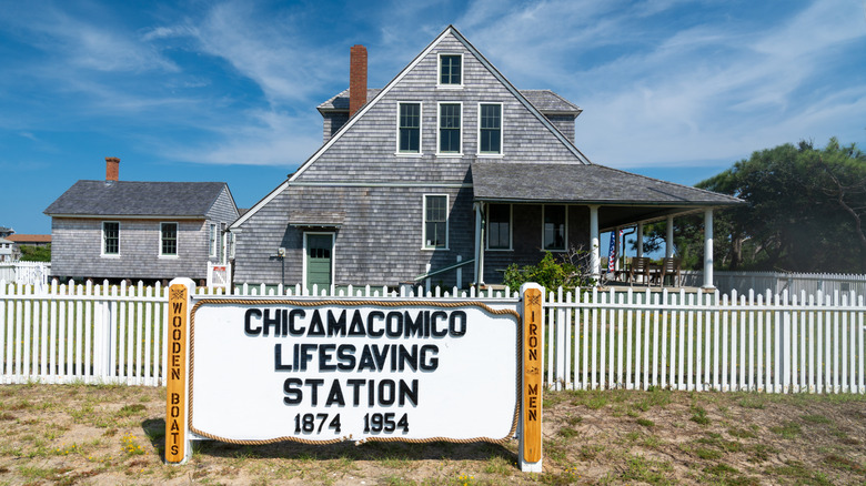 The Chicamacomico Life-Saving Station and sign in Rodanthe, North Carolina
