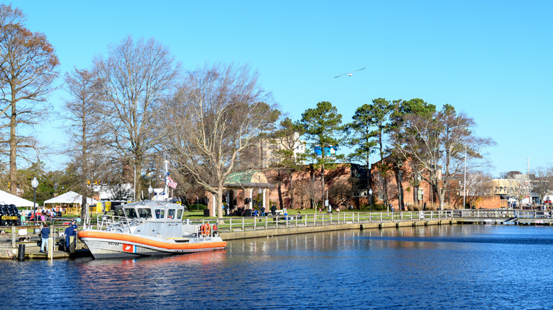 boat on Pasquotank river docks, Waterfront Park, Elizabeth City, North Carolina