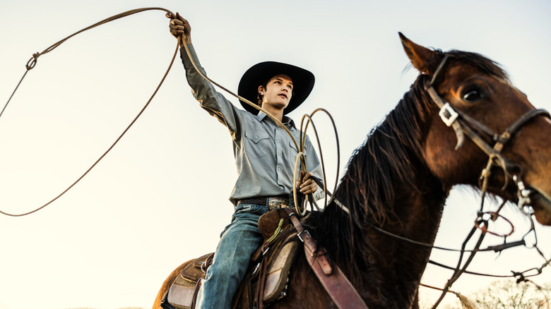 A young cowboy holds a lasso and sits atop a horse
