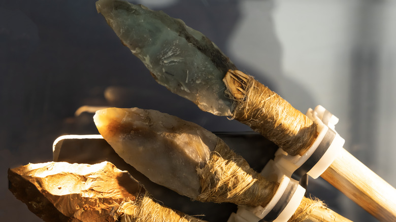 Clovis culture arrowheads and spear