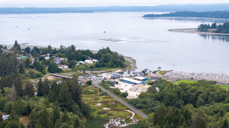 Tidal flats and still waters surround small town of Bay Center, Washington