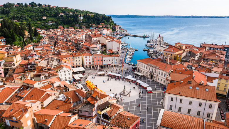 Aerial view of Piran, Slovenia's main square, Old Town and Adriatic coastline