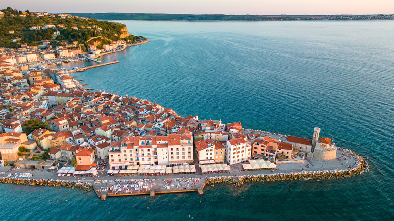 Aerial view of Piran, Slovenia's seaside boardwalk