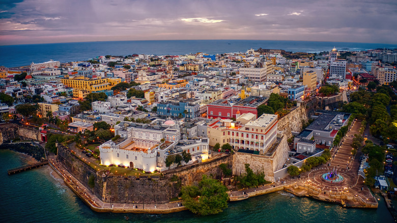 Aerial view of San Juan, Puerto Rico on a cloudy evening evening