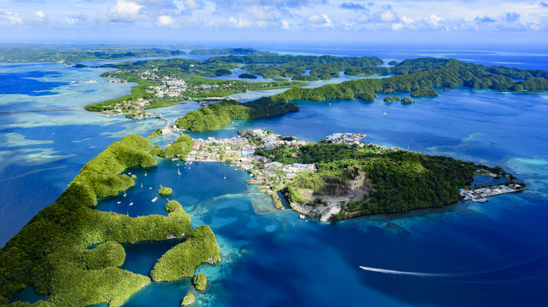 Aerial view of green islands of Palau, including its largest city of Koror