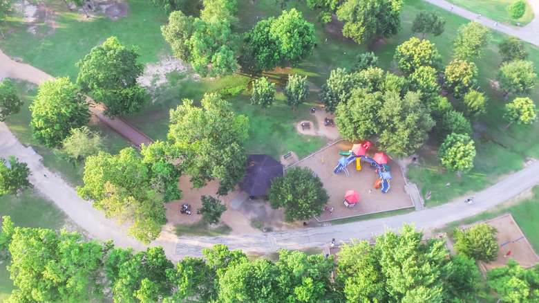 Aerial view of trees and playground at Bellaire park in Texas