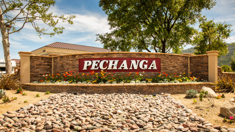 Pechanga Resort and Casino Entry sign with indigenous landscaping and hills in the background