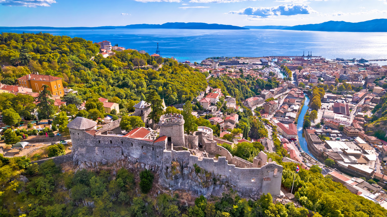 Aerial image of the Trsat Castle and old town of Rijeka in Kvarner Bay, Croatia, on a sunny day