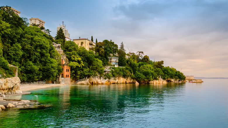 The stunning Glavanovo Beach in the city of Rijeka in Kvarner Bay, Croatia, at sunset