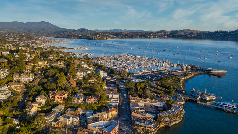 Aerial view of Sausalito on sunny day.
