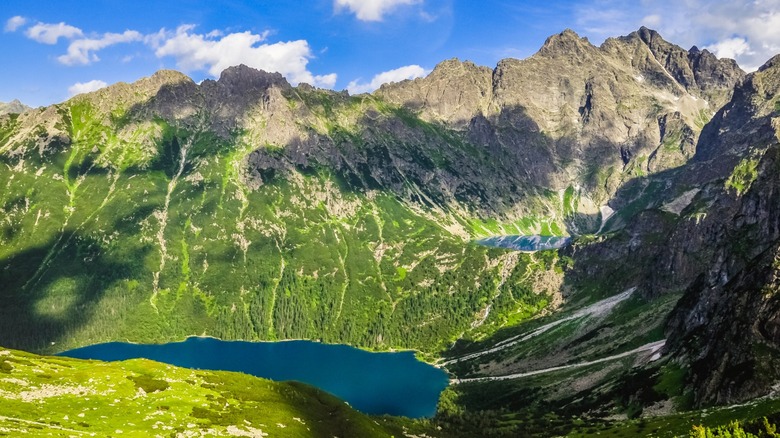 Two lakes and mountain peaks at Tatra National Park, Poland