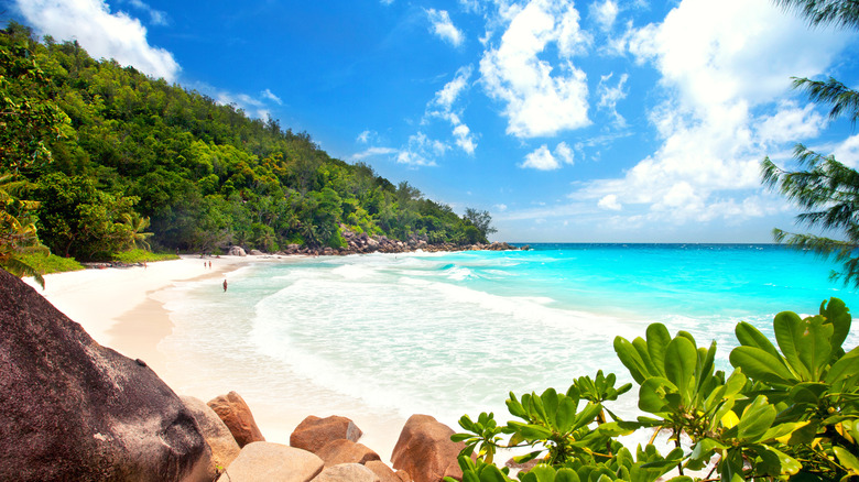 Travelers walking on Georgette Anse, Seychelles
