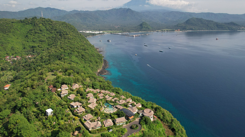 Aerial view of the Bloo Lagoon Eco Village villas in Manggis, Bali