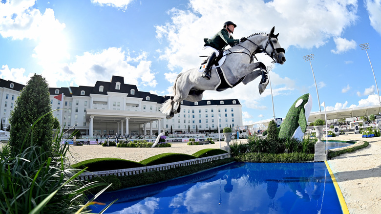 A dapple gray horse and rider sail over the water jump and the Longines League of Nations horse show at World Equestrian Center
