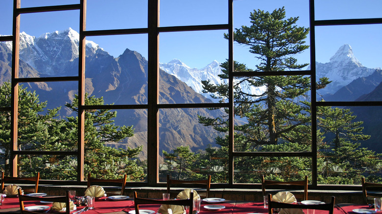 Mount Everest from the view of a hotel dining room