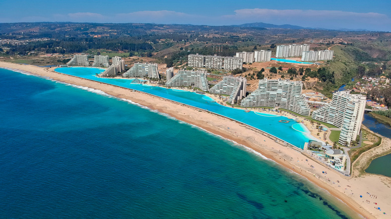 Aerial view of world's largest pool at San Alfonso Del Mar