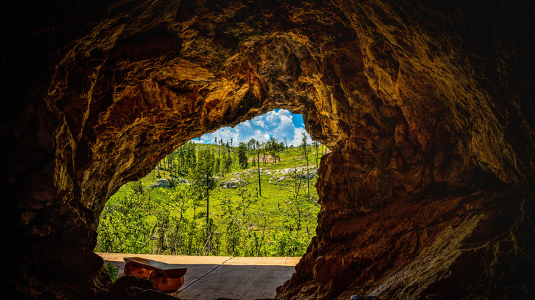 Looking out the entrance of Jewel Cave onto a park in South Dakota