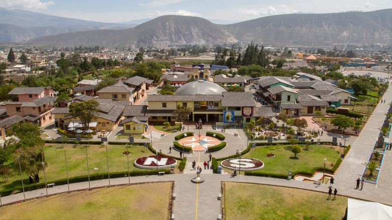 Aerial view of "La Mitad del Mundo" monument in Pichincha, Ecuador