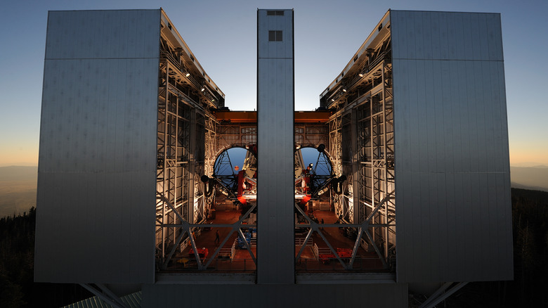 The Large Binocular Telescope seen from outside during sunset in Arizona