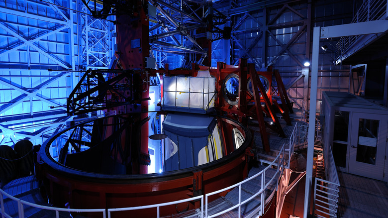 A railed walkway inside the Large Binocular Telescope in Arizona