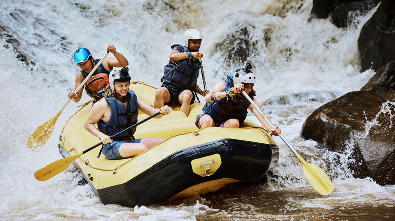 Group of men whitewater rafting