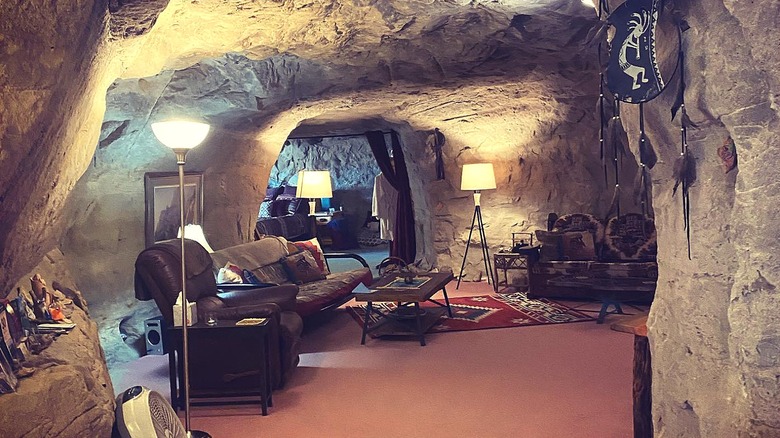 Rustic furnishings and decorations in the sandstone Kokopelli's Cave.