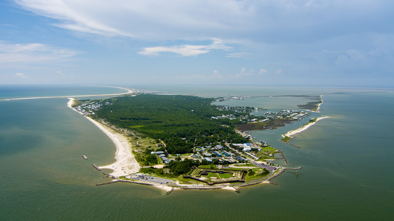 Aerial view of Dauphin Island, with the Pelican Peninsula visible to the left