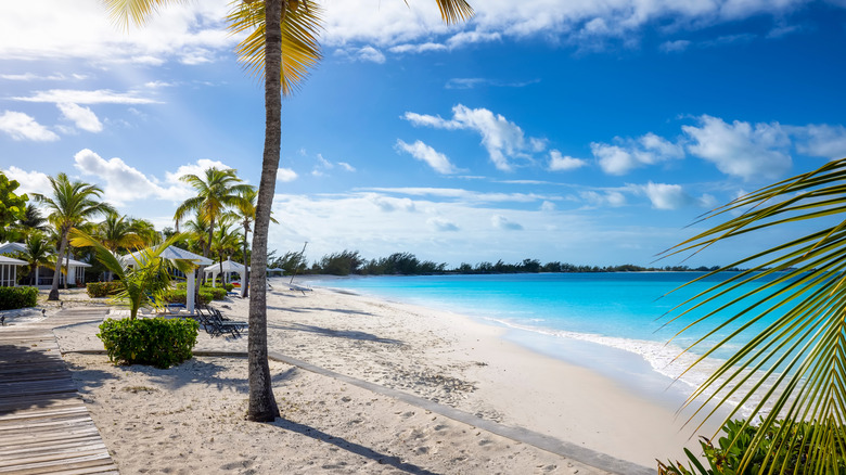 Beach and gazebos at Cape Santa Maria Beach in Long Island, Bahamas