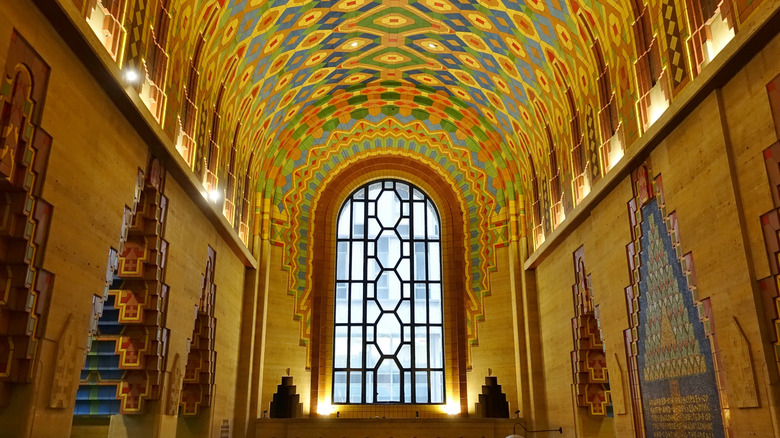 The colorful tiled ceiling and walls of the Guardian Building in Detroit
