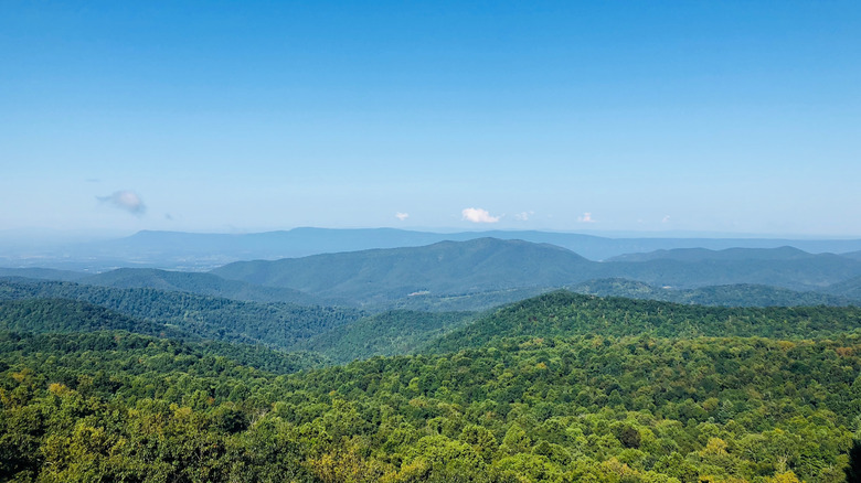 Blue sky, green hills, and an outline of Shenandoah Mountain in the distance