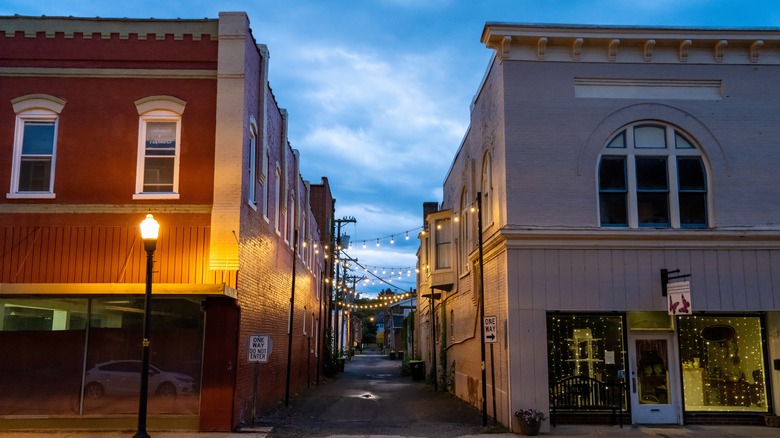 Historic buildings at night in Pulaski, Virginia