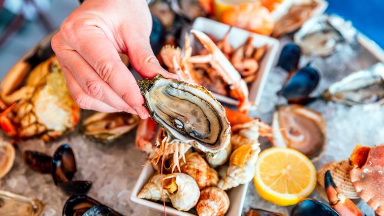 An oyster offered above a seafood platter