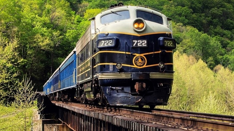 The Potomac Eagle Railroad train crossing a valley