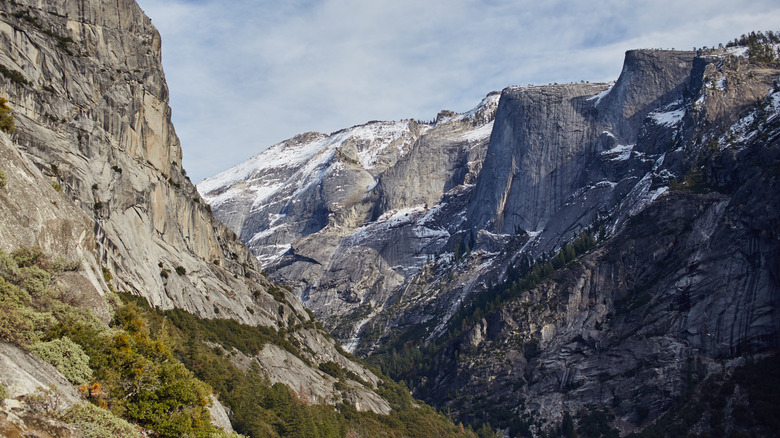Steep mountains rise above the woods along the Snow Creek Trail
