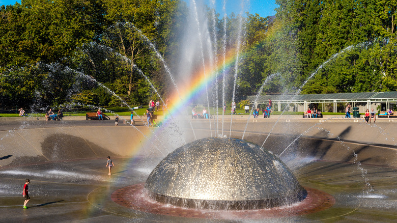 International Fountain in Seattle, Washington with rainbow