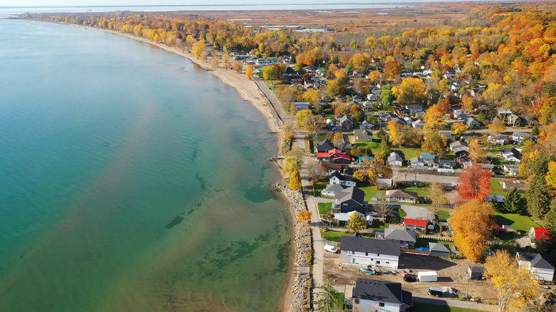 An aerial view of Turkey Point, Ontario, Canada in autumn