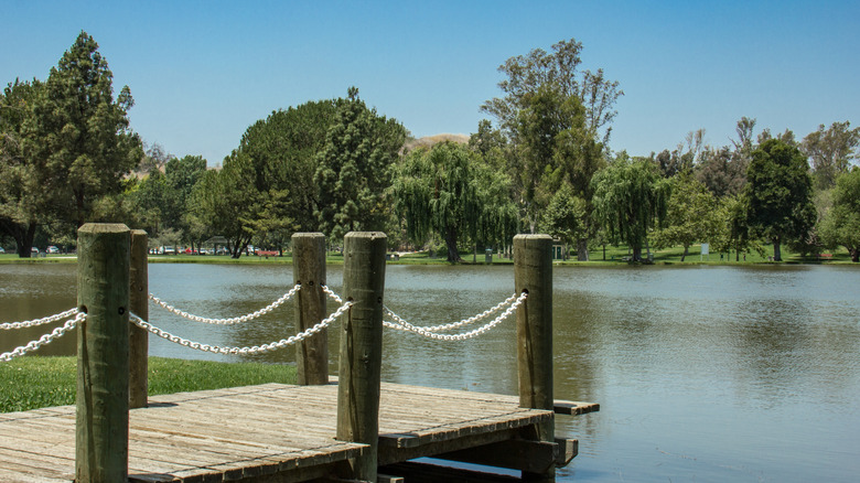 Dock on lake within Carbon Canyon Regional Park in Brea, California