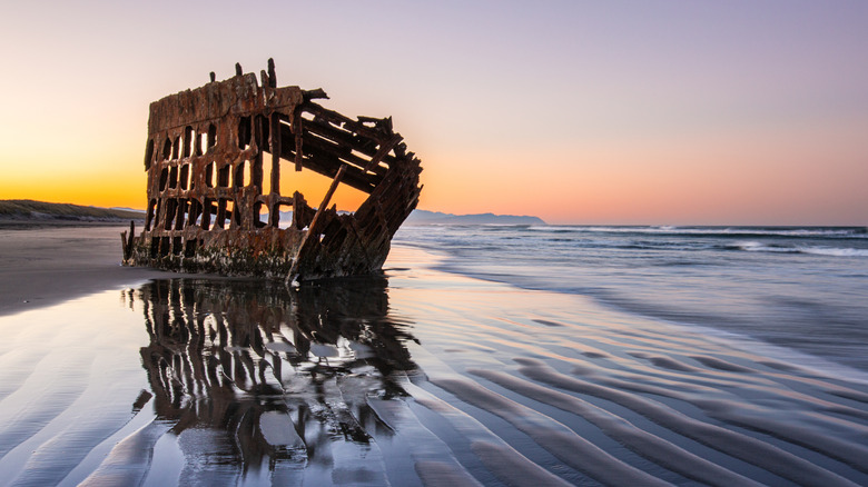 Shipwreck on the beach at For Stevens State Park on the Oregon Coast