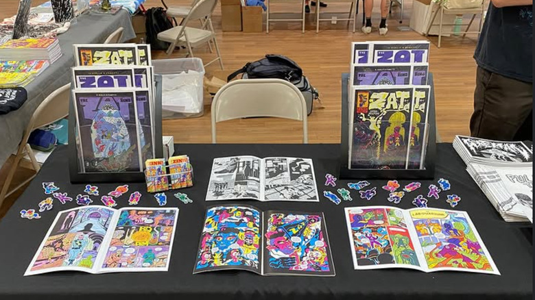 Comic display on a table at Floating World Comics