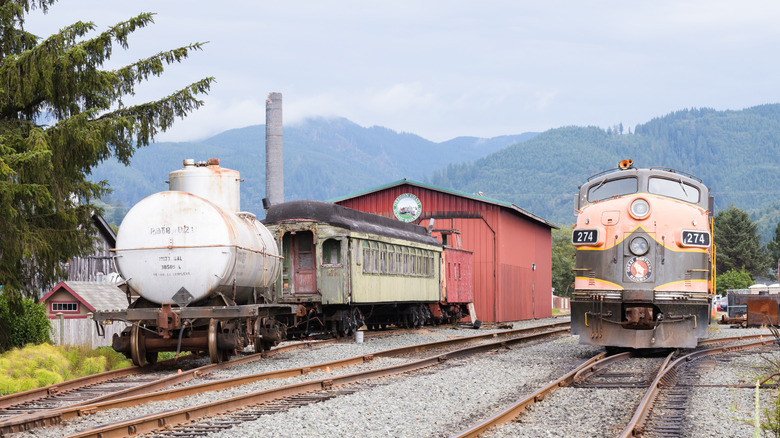 Oregon Coast Scenic Railroad train engine and old rail cars in Garibaldi, Oregon