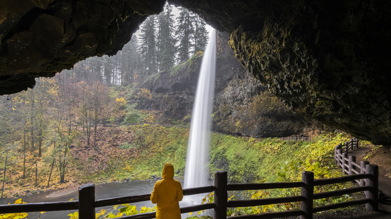 tourist in raincoat looking at South Falls from behind in Silver Falls State Park in Oregon