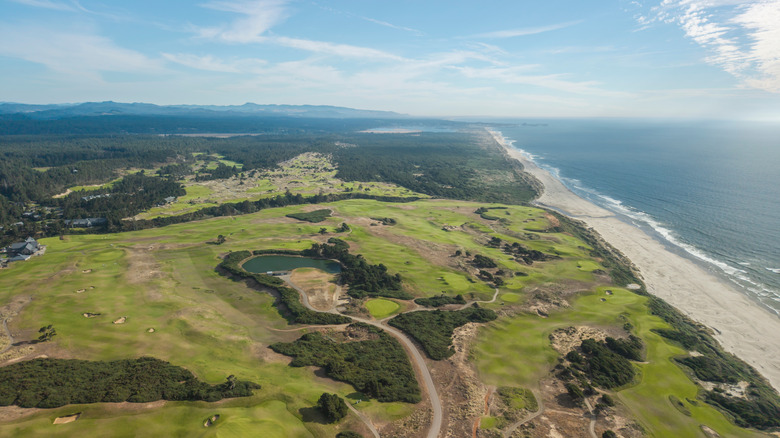 The Bandon Dunes course at Bandon Dunes Golf Resort in Oregon, with green golf links and the Pacific Ocean