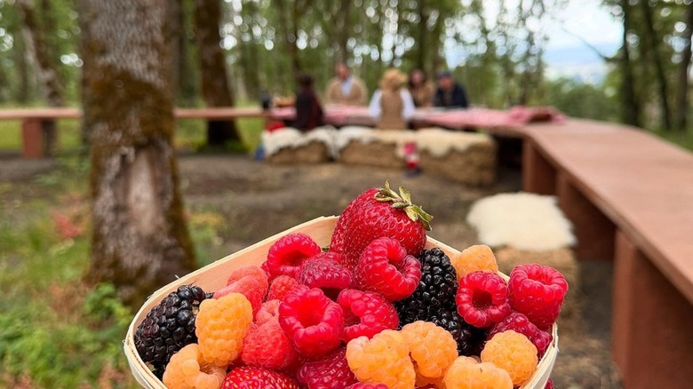 View of a fruit basket with the Antica Terra table in the background